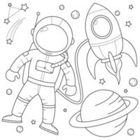 Astronaut with rocket in space suitable for children's coloring page vector illustration