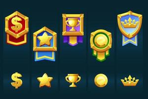 otorgue insignias de oro con íconos para los juegos de interfaz de usuario ganadores. ilustración vectorial establecer medallas con corona, copa, estrella para diseño gráfico. vector