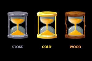 Golden, stone, wooden hourglass for measuring the time for game. Vector illustration set vintage old clock for graphic design.