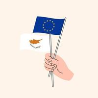 Cartoon Hand Holding European Union And Cypriot Flags. EU Cyprus Relationships. Concept of Diplomacy, Politics And Democratic Negotiations. Flat Design Isolated Vector