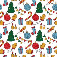 Seamless texture from New Year icons, Christmas symbol. Pattern from hand drawn winter holidays icons. Cartoon doodle background on the theme of New Year's holidays. Celebration illustration vector