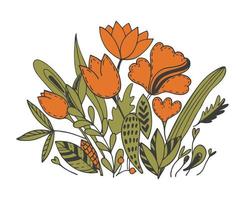 hermosa composición botánica de elementos florales, arreglos florales, concepto de primavera. plantilla vectorial para tarjeta de felicitación de feliz cumpleaños, invitación de boda. conjunto de flores dibujadas a mano, elemento vegetal. vector