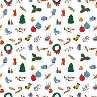 Seamless texture from New Year icons, Christmas symbol. Pattern from hand drawn   winter olidays icons, wallpaper. Cartoon doodle background on the theme of New Year's holidays vector