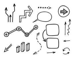 Vector set of hand-drawn arrows, elements for presentation. Infographic illustration, business doodles icons, isolated objects. Sketch of business process. Concept visual business strategy, project