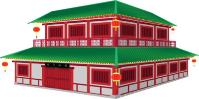 3d chinese 2 storey house with lantern and black sign on center and red white color style png