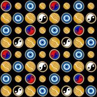 Seamless decorative pattern with evil eyes and yin-yang on black background. vector