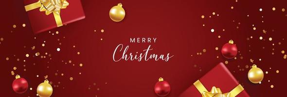 Merry Christmas background, red background with Christmas gifts and balls vector