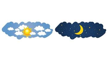 Day and night sky illustration with sun, clouds, moon and stars vector