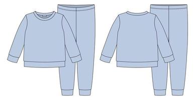 Apparel pajamas technical sketch. Blue color. Childrens cotton sweatshirt and pants. vector
