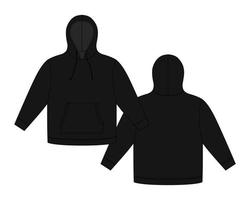Hoodie template in black color. Apparel hoody technical sketch mockup. Sweatshirt with hood, pockets. vector