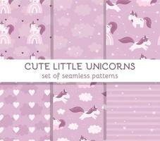 Set seamless patterns with cute fairy unicorns, clouds, stars and rainbows. Decor for a nursery, packaging, wallpaper, print for clothes. Vector illustration in flat style, child character