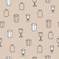 Seamless vector pattern with different glasses and wine glasses drawn in doodle style.