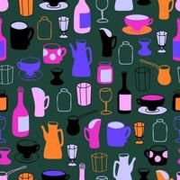 Seamless vector pattern with a set of dishes drawn in doodle style. Minimalistic decanter, teapot, cup, vintage glasses, wine glasses, shot glass, bottle of wine.