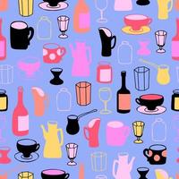 Seamless vector pattern with a set of dishes drawn in doodle style. Minimalistic decanter, teapot, cup, vintage glasses, wine glasses, shot glass, bottle of wine.