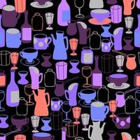 patrón vectorial sin inconvenientes con un juego de platos dibujados al estilo garabato. decantador minimalista, tetera, taza, copas vintage, copas de vino, vaso de chupito, botella de vino. vector