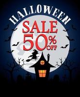 Halloween sale background with witch's house 50 off vector