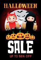 cartel de venta de halloween con divertidas calabazas aterradoras. niños divertidos en disfraces de halloween diablo y parca. diseño de banner de venta de halloween con 50 de descuento vector