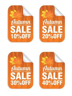 Autumn sale stickers set concept wood design. Sale 10, 20, 30, 40 percent off