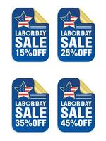 Labor day sale blue stickers set. Sale 15, 25, 35, 45 percent off vector
