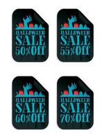 pegatinas de venta negra de halloween con mano zombie. venta de halloween 50, 55, 60, 70 de descuento vector