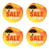 Autumn sale orange stickers set with umbrella. Autumn sale 10, 20, 30, 40 percent off vector