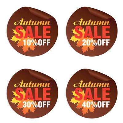 Autumn sale brown stickers set with autumn orange, yellow leaves. Autumn Sale 10, 20, 30, 40 percent off