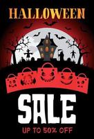 Halloween sale banner design with 50 Discount. Templates of poster with terrible house. Halloween greeting card scary funny packages vector