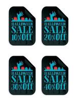 Halloween black sale stickers set with zombie hand. Halloween sale 10, 20, 30, 40 off vector