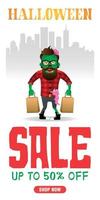 Halloween sale white poster, banner with funny zombie hipster. Sale up to 50 off. Sale Halloween graphic design vector