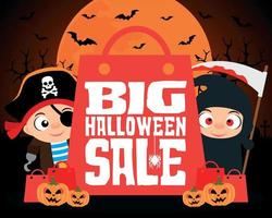 Big Halloween sale design background with kids vector