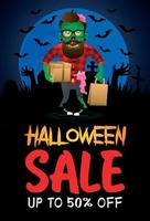 cartel de venta de halloween, pancarta con hipster zombie divertido. venta halloween diseño gráfico vector