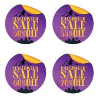 conjunto de pegatinas de venta violeta de halloween con bruja 50, 55, 60, 70 de descuento vector