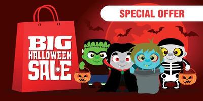 Big Halloween Sale poster or flayer for holiday. Funny kids in Halloween costumes