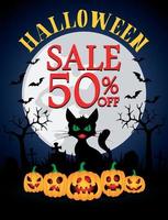 Halloween sale banner design with 50 Discount. Templates of poster with halloween cat. Halloween greeting card vector