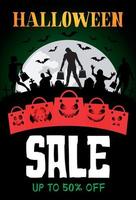 diseño de banner de venta de halloween con 50 de descuento. plantillas de póster con zombies. tarjeta de felicitación de halloween paquetes divertidos de miedo vector