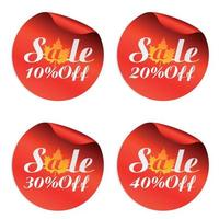 Red sale stickers with black ribbon 15,25,35,45 percent off vector