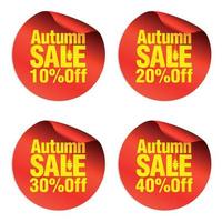 Autumn red sale stickers set 10, 20, 30, 40 percent off vector