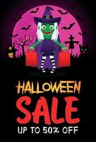 cartel de venta de halloween, pancarta con bruja divertida y aterradora. venta halloween diseño gráfico vector