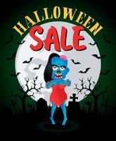 Halloween sale poster,banner with funny zombie girl vector