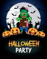 Halloween party banner. Poster with zombie in the cemetery and funny pumpkins. Happy Halloween graphic design vector