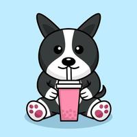 Vector illustration of cute dog premium drinking boba