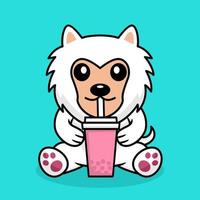 Vector illustration of cute dog premium drinking boba