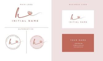 handwriting signature h logo initial with heart shape and business card vector