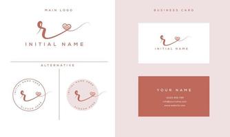 handwriting signature r logo initial with heart shape and business card vector