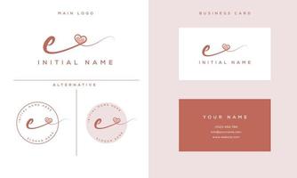 handwriting signature e logo initial with heart shape and business card vector