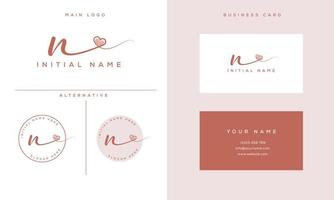 handwriting signature n logo initial with heart shape and business card vector