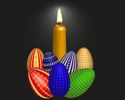 seven painted eggs and candle on black background vector