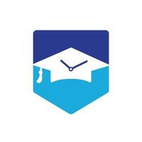 diseño del logotipo del vector de tiempo de estudio. sombrero de graduación con diseño de icono de reloj.