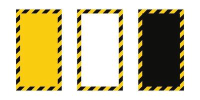 Warning frame with yellow and black diagonal stripes. Rectangle warn frame set. Yellow and black caution tape border. Vector illustration on white background