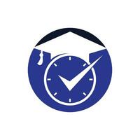 diseño del logotipo del vector de tiempo de estudio. sombrero de graduación con diseño de icono de reloj y cheque.